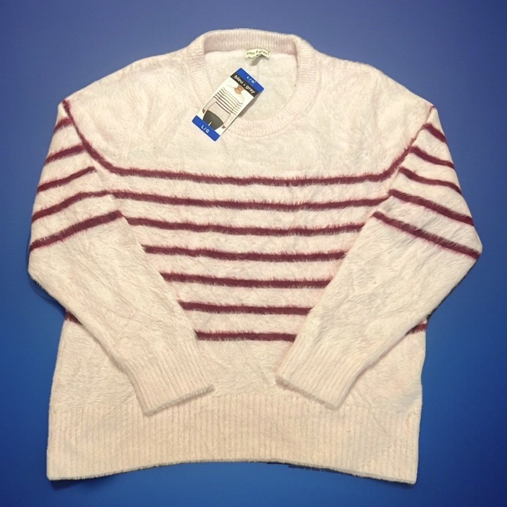 NWT Bleu Gray Soft Fuzzy Pink Striped Sweater sz L